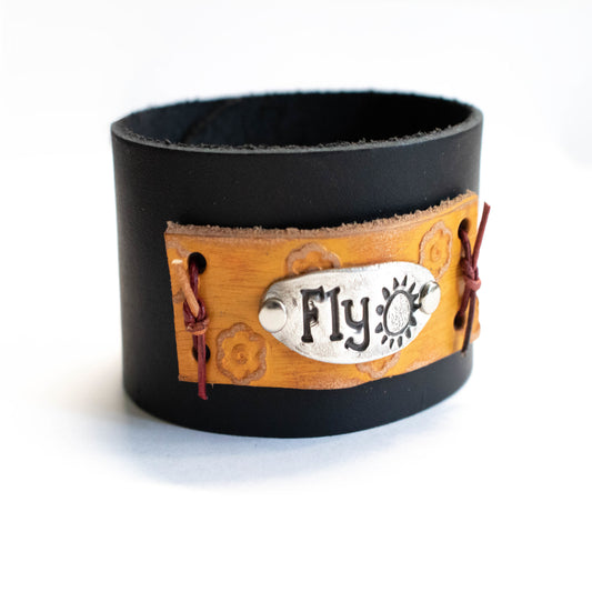 Dream Big And Fly Black Leather Cuff Bracelet-Womens-LittleGreenRoomJewelry-LittleGreenRoomJewelry