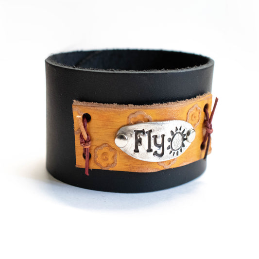 Dream Big And Fly Black Leather Cuff Bracelet-Womens-LittleGreenRoomJewelry-LittleGreenRoomJewelry