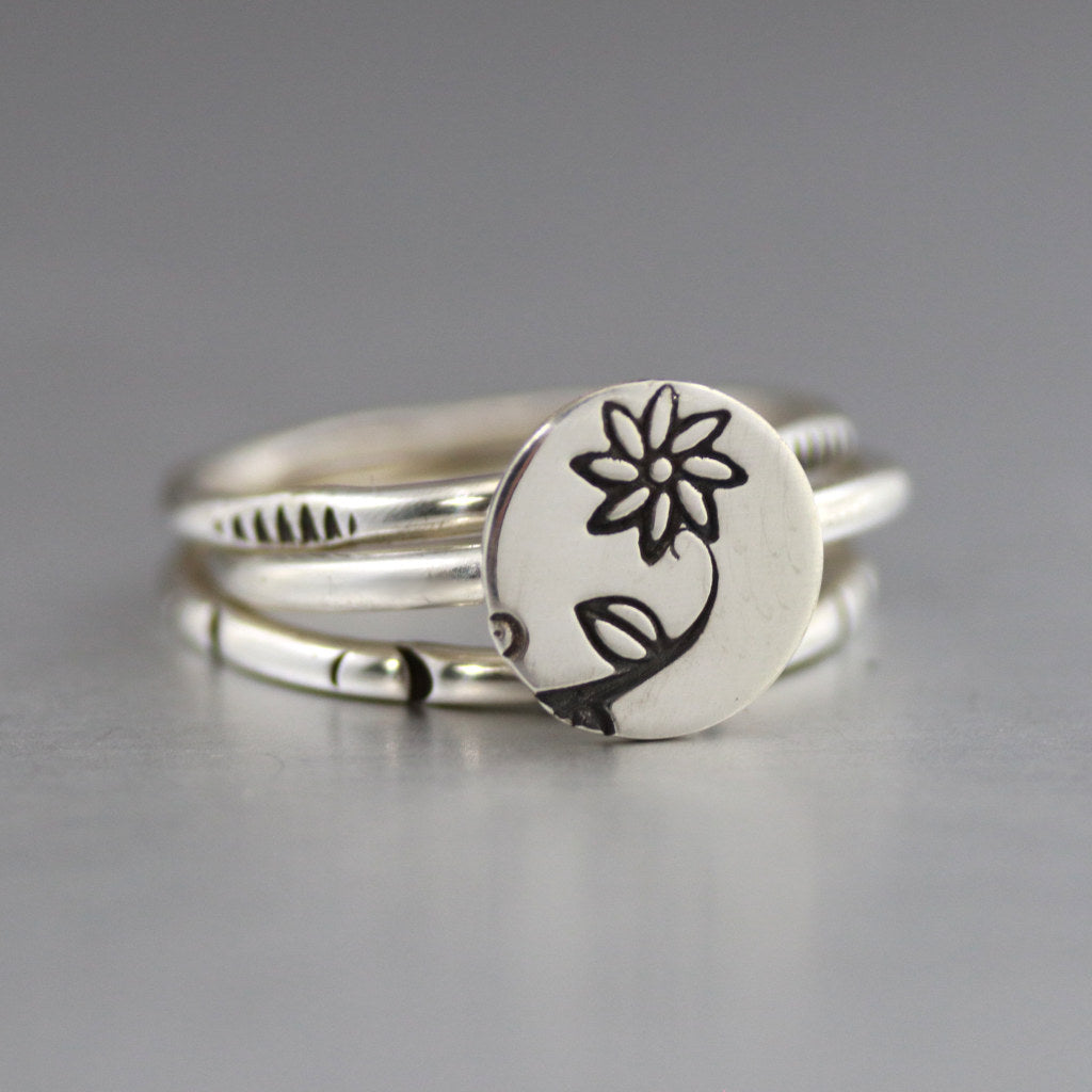 Sterling Woodland Flower Stack Rings-Womens-LittleGreenRoomJewelry-LittleGreenRoomJewelry