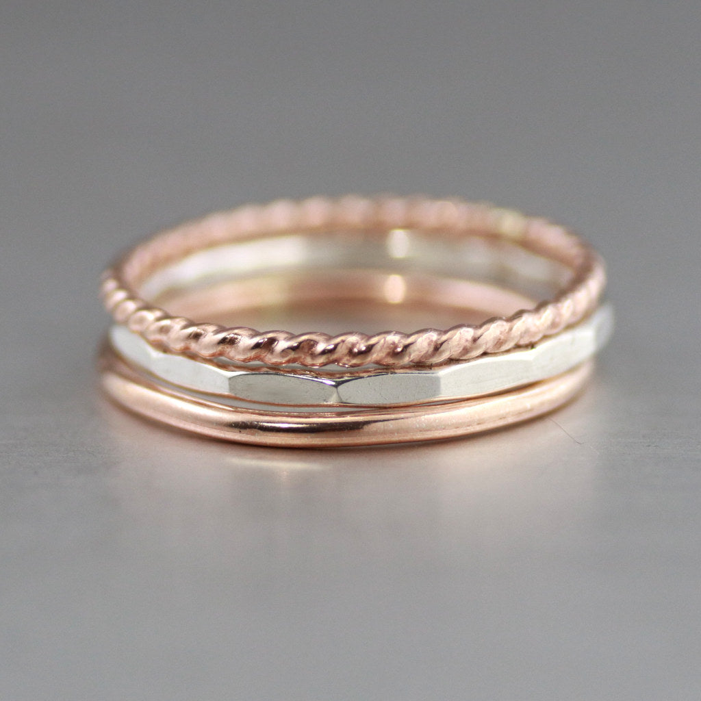 Rose Gold And Sterling Silver Textured Stack Ring Set-Womens-LittleGreenRoomJewelry-LittleGreenRoomJewelry