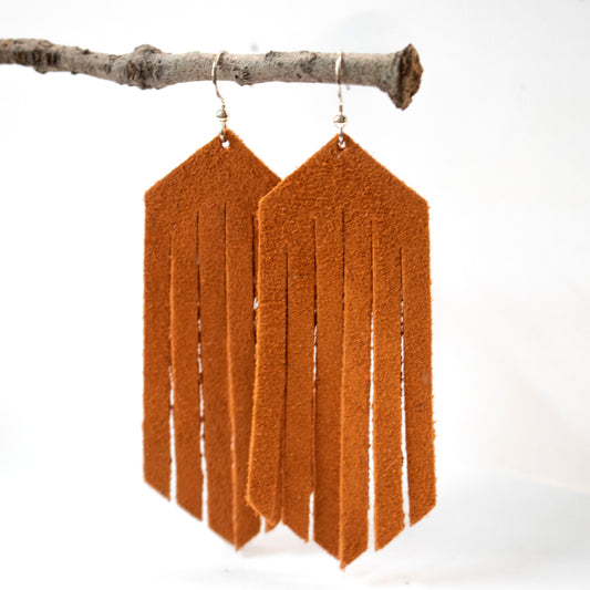 Cinnamon Suede Leather Fringe Earrings-Womens-LittleGreenRoomJewelry-LittleGreenRoomJewelry
