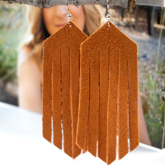 Cinnamon Suede Leather Fringe Earrings-Womens-LittleGreenRoomJewelry-LittleGreenRoomJewelry