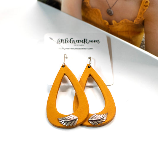 Yellow Silver Leaf Leather Earrings-Womens-LittleGreenRoomJewelry-LittleGreenRoomJewelry