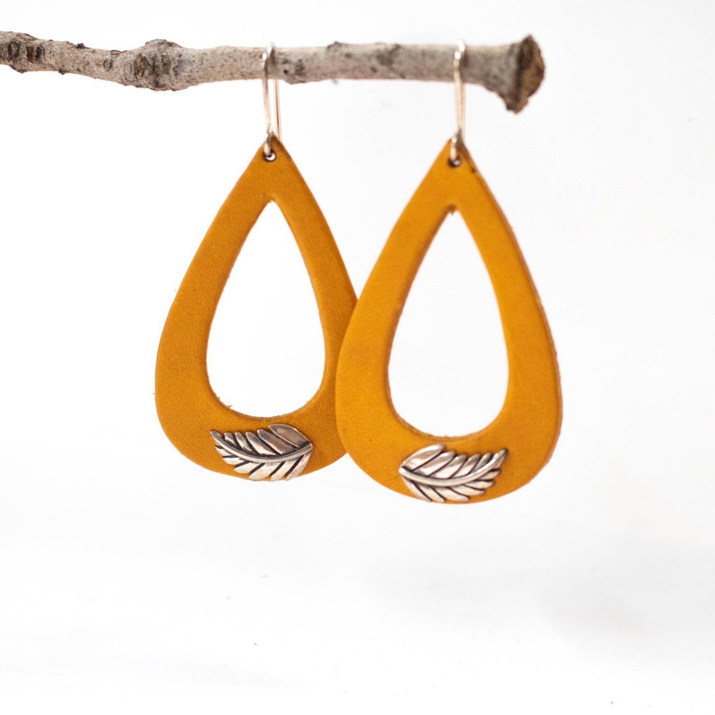 Yellow Silver Leaf Leather Earrings-Womens-LittleGreenRoomJewelry-LittleGreenRoomJewelry