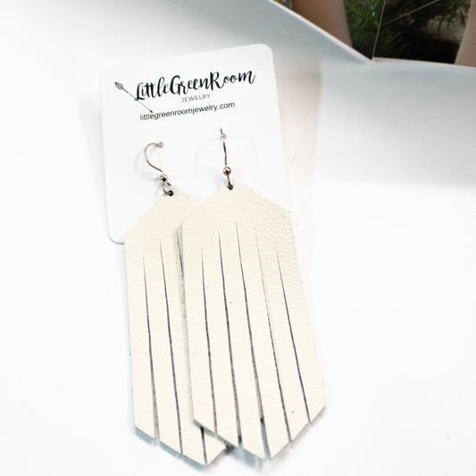 Earthy Winter White Leather Fringe Earrings-Womens-LittleGreenRoomJewelry-LittleGreenRoomJewelry